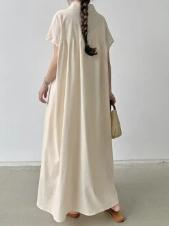 Women's Shirt Dress Casual Dress Maxi Long Dress Outdoor Daily Cotton Linen Basic Classic Shirt Collar Button Short Sleeve Summer Spring 2023 Loose Fit Navy Blue Brown Green Pure Color S M L XL XXL -HANA Luxury Wear Shop mxyyyz1688542124265