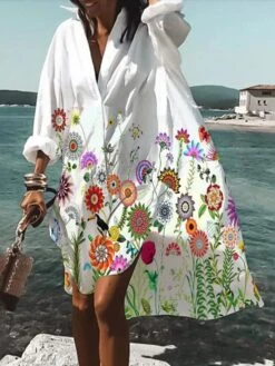 Women's Shirt Dress Casual Dress Swing Dress Maxi Long Dress Outdoor Winter Dress Daily Polyester Vacation Casual Shirt Collar High Low Dress Print Long Sleeve Spring Fall Winter 2023 Loose Fit White -HANA Luxury Wear Shop myqegt1659593524878