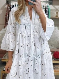 Women's Shirt Dress Casual Dress Swing Dress Maxi Long Dress Outdoor Daily Vacation Cotton Fashion Modern Split Neck Lace Button 3/4 Length Sleeve Summer Spring Fall 2023 Loose Fit White Yellow Red -HANA Luxury Wear Shop myrpwt1688700131431