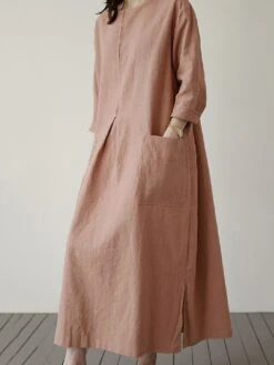 Women's Casual Dress Cotton Linen Dress Maxi Long Dress Linen / Cotton Blend Basic Classic Outdoor Daily Vacation Crew Neck Pocket Split 3/4 Length Sleeve Spring Fall Autumn 2023 Loose Fit Red Apricot -HANA Luxury Wear Shop mznpsf1692872461827