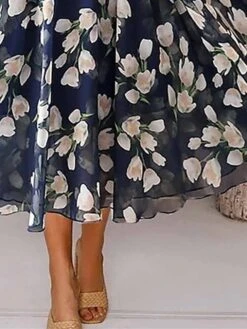 Women's Two Piece Dress Set Casual Dress Chiffon Dress Outdoor Daily Fashion Elegant Print Midi Dress V Neck Half Sleeve Floral Regular Fit Navy Blue Purple Green Summer Spring S M L XL XXL -HANA Luxury Wear Shop mzyzxg1680859769079