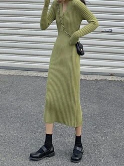 Women‘s Sweater Dress Winter Dress Sheath Dress Midi Dress Black White Green Long Sleeve Pure Color Button Fall Winter Autumn V Neck Stylish Winter Dress Fall Dress 2023 One-Size -HANA Luxury Wear Shop naalgh1665656619691