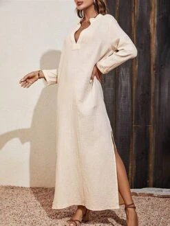 Women's Casual Dress Cotton Linen Dress Maxi Long Dress Linen / Cotton Blend Basic Classic Outdoor Daily Vacation Split Neck Split 3/4 Length Sleeve Summer Spring Fall 2023 Loose Fit Apricot Plain XS -HANA Luxury Wear Shop naimil1690268526790