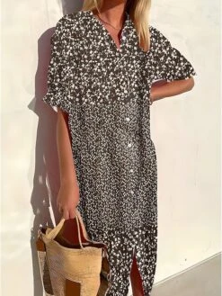 Women's Shirt Dress Casual Dress Midi Dress Outdoor Office Daily Polyester Fashion Modern Shirt Collar Button Print 3/4 Length Sleeve Summer Spring Fall 2023 Loose Fit ArmyGreen Yellow Wine Floral S