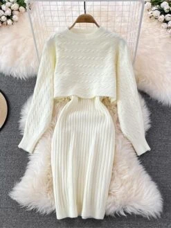 Women's Two Piece Dress Set Casual Dress Sheath Dress Outdoor Daily Fashion Streetwear Ruched Midi Dress Crew Neck Long Sleeve Plain Loose Fit Black White Wine Fall Winter One-Size -HANA Luxury Wear Shop nbbbtx1694057141315