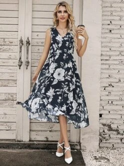 Women's Two Piece Dress Set Casual Dress Chiffon Dress Outdoor Daily Fashion Elegant Print Midi Dress V Neck Half Sleeve Floral Regular Fit Black Pink Gray Summer Spring S M L XL XXL -HANA Luxury Wear Shop nbjlfj1695873669701