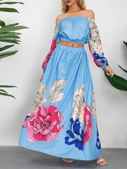 Women's Two Piece Dress Set Casual Dress Skirt Set Daily Going Out Casual Ruched Print Long Dress Maxi Dress Off Shoulder Long Sleeve Floral Regular Fit Blue Green Rose Red Fall Winter S M L XL XXL -HANA Luxury Wear Shop nbmmbb1692339423722