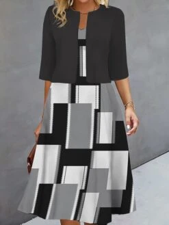 Women's Two Piece Dress Set Casual Dress Print Dress Outdoor Daily Fashion Elegant Print Midi Dress V Neck Half Sleeve Floral Geometric Regular Fit Silver Wine Navy Blue Fall Winter S M L XL XXL -HANA Luxury Wear Shop nbqwve1693278303529