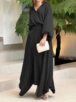 Women's Two Piece Dress Set Casual Dress Skirt Set Daily Date Streetwear Elegant Pocket Long Dress Maxi Dress Shirt Collar Long Sleeve Plain Loose Fit Black Wine Blue Fall Winter S M L XL XXL -HANA Luxury Wear Shop nbulol1694085331634