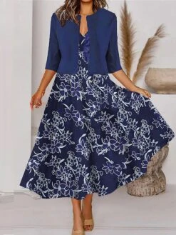 Women's Two Piece Dress Set Casual Dress Tank Dress Outdoor Daily Fashion Streetwear Pocket Print Midi Dress V Neck 3/4 Length Sleeve Floral Regular Fit Pink Navy Blue Royal Blue Spring Fall S M L XL -HANA Luxury Wear Shop ncbqka1690860833514