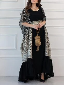 Women's Two Piece Dress Set Party Dress Sheath Dress Party Cocktail Party Fashion Party Lace Up Ruched Long Dress Maxi Dress Crew Neck Short Sleeve Print Loose Fit Black White Green Fall Winter S M L -HANA Luxury Wear Shop ncdtqa1696691501529