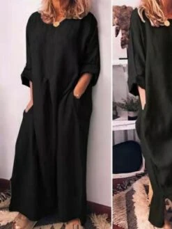 Women's Casual Dress Cotton Linen Dress Shift Dress Maxi Long Dress Bamboo Fashion Modern Outdoor Daily Vacation Crew Neck Pocket Long Sleeve Summer Spring Fall 2023 Regular Fit Black Yellow Wine -HANA Luxury Wear Shop ncuwlu1682673906464