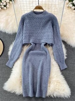 Women's Two Piece Dress Set Casual Dress Sheath Dress Outdoor Daily Fashion Streetwear Ruched Midi Dress Crew Neck Long Sleeve Plain Loose Fit Black White Wine Fall Winter One-Size -HANA Luxury Wear Shop ncyxvq1694057146900