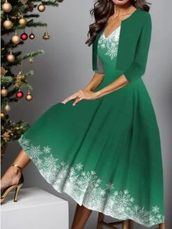 Women's Two Piece Dress Set Casual Dress Swing Dress Outdoor Christmas Fashion Elegant Print Midi Dress V Neck Half Sleeve Snowflake Ombre Regular Fit Burgundy Navy Blue Blue Fall Winter S M L XL XXL -HANA Luxury Wear Shop neiyac1697181062868