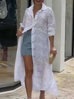 Women's Shirt Dress Casual Dress Cotton Dress Maxi Long Dress Cotton Modern Casual Outdoor Daily Vacation Shirt Collar Hollow Out Button Long Sleeve Summer Spring Fall 2023 Loose Fit White Plain S M -HANA Luxury Wear Shop nfhekm1691143505085