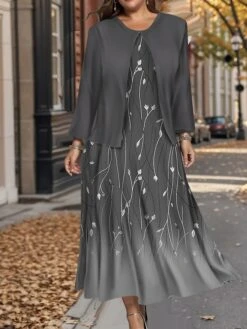 Women's Plus Size Two Piece Dress Set Casual Dress Swing Dress Outdoor Office Fashion Streetwear Print Midi Dress Crew Neck Long Sleeve Floral Ombre Regular Fit Wine Blue Green Fall Winter L XL XXL -HANA Luxury Wear Shop nfmdbq1697784868203