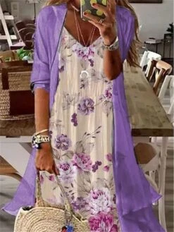 Women's Two Piece Dress Set Print Dress Daily Vacation Casual Print Maxi Dress V Neck 3/4 Length Sleeve Floral Loose Fit White Purple Green Summer Spring S M L XL XXL -HANA Luxury Wear Shop nfnyae1677121636580