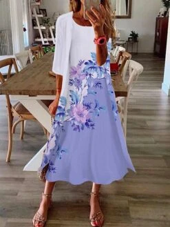 Women's Two Piece Dress Set Casual Dress Print Dress Outdoor Daily Fashion Elegant Print Midi Dress Crew Neck 3/4 Length Sleeve Floral Regular Fit Wine Blue Purple Summer Spring S M L XL XXL -HANA Luxury Wear Shop ngetai1688022673778