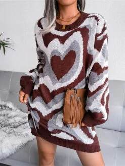 Women's Sweater Dress Jumper Dress Casual Dress Mini Dress Fashion Color Block Heart Outdoor Daily Vacation Going Out Crew Neck Long Sleeve 2023 Loose Fit Black Brown Khaki S M L -HANA Luxury Wear Shop ngmvks1694756611094