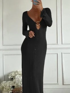 Women's Sweater Dress Winter Dress Jumper Dress Long Dress Maxi Dress Backless Hollow Out Outdoor Daily Date Active Fashion V Neck Long Sleeve 2023 Regular Fit Black Khaki Color S M L Size -HANA Luxury Wear Shop ngvccf1692696047849