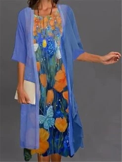 Women's Two Piece Dress Set Casual Dress Print Dress Outdoor Daily Fashion Elegant Print Midi Dress Crew Neck 3/4 Length Sleeve Floral Ombre Loose Fit White Light Green Blue Summer Spring S M L XL XXL -HANA Luxury Wear Shop ngvper1689736456656