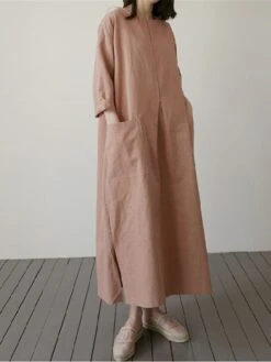 Women's Casual Dress Cotton Linen Dress Maxi Long Dress Linen / Cotton Blend Basic Classic Outdoor Daily Vacation Crew Neck Pocket Split 3/4 Length Sleeve Spring Fall Autumn 2023 Loose Fit Red Apricot -HANA Luxury Wear Shop nhgcbq1692872460982
