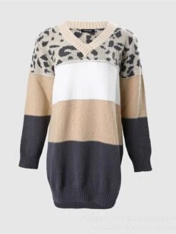 Women's Sweater Dress Winter Dress Jumper Dress Mini Dress Fashion Leopard Outdoor Street Daily Vacation V Neck Long Sleeve Print 2023 Loose Fit Khaki S M L XL -HANA Luxury Wear Shop nhisie1693906961959