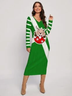 Women's Christmas Dress Sweater Dress Jumper Dress Midi Dress Ugly Stripe Deer Outdoor Christmas Daily Holiday V Neck Long Sleeve 2023 Regular Fit Wine Green S M L XL XXL 3XL
