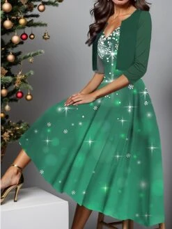 Women's Two Piece Dress Set Casual Dress Swing Dress Outdoor Christmas Fashion Elegant Print Midi Dress V Neck Half Sleeve Snowflake Regular Fit Wine Dark Green Green Fall Winter S M L XL XXL