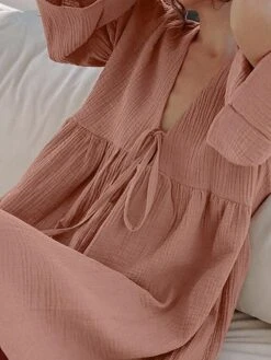 Women's Casual Dress Cotton Linen Dress Mini Dress Cotton Daily Basic Outdoor Home Daily V Neck Ruched Button 3/4 Length Sleeve Fall Autumn 2023 Loose Fit Navy Blue Blue Purple Plain S M L -HANA Luxury Wear Shop nhviwb1692936378960