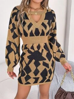 Women's Sweater Dress Jumper Dress Casual Dress Mini Dress Fashion Geometric Color Block Outdoor Daily Going Out Crew Neck Long Sleeve Cut Out 2023 Loose Fit Green Khaki Rose Red S M L -HANA Luxury Wear Shop nhxleq1695813738671