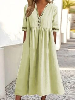 Women‘s Casual Dress Cotton Linen Dress Caftan Dress Swing Dress Midi Dress Cotton Blend Basic Classic Outdoor Daily Vacation V Neck Ruched Hollow Out Half Sleeve Summer Spring Fall 2023 -HANA Luxury Wear Shop nhzngo1681213052138