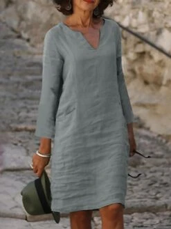 Women's Casual Dress Cotton Linen Dress Shift Dress Midi Dress Cotton Blend Modern Style Modern Outdoor Daily Date Split Neck Button Rolled Cuff 3/4 Length Sleeve Summer Spring Fall 2023 Regular Fit -HANA Luxury Wear Shop niatoy1691462073661