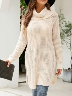 Women's Sweater Dress Winter Dress Jumper Dress Mini Dress Split Daily Date Going Out Active Fashion Turtleneck Long Sleeve 2023 Loose Fit Dark Blue Beige Color S M L XL Size -HANA Luxury Wear Shop nicgif1692857066772
