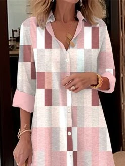 Women's Shirt Dress Casual Dress Midi Dress Outdoor Office Daily Polyester Fashion Modern Shirt Collar Button Pocket Long Sleeve Fall Winter 2023 Loose Fit Pink Plaid S M L XL 2XL -HANA Luxury Wear Shop ninxsz1694086188305