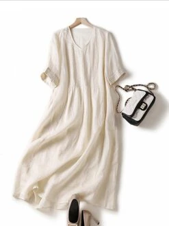 Women's Casual Dress Cotton Linen Dress White Dress Midi Dress Cotton Blend Basic Casual Outdoor Vacation V Neck Ruched Half Sleeve Summer Spring Fall 2023 Loose Fit White Green Apricot Pure Color M -HANA Luxury Wear Shop nixkwy1682564018374
