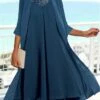 Women's Two Piece Dress Set Casual Dress Chiffon Dress Outdoor Daily Fashion Elegant Layered Midi Dress Crew Neck 3/4 Length Sleeve Plain Regular Fit Navy Blue Fall Winter S M L XL XXL -HANA Luxury Wear Shop njbily1695278535285