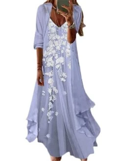 Women's Casual Dress Dress Set Two Piece Dress Long Dress Maxi Dress Light Green Pink Purple Long Sleeve Flower Print Summer Spring V Neck Fashion Loose Fit 2023 S M L XL XXL 3XL -HANA Luxury Wear Shop njwrpo1672136839327