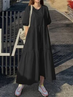 Women's Casual Dress Cotton Linen Dress Swing Dress Maxi Long Dress Cotton Blend Basic Casual Outdoor Daily Holiday Crew Neck Ruched Pocket Half Sleeve Summer Spring 2023 Loose Fit Black White Red -HANA Luxury Wear Shop njykbq1657768777404