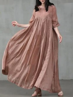 Women's Casual Dress Cotton Linen Dress Swing Dress Long Dress Maxi Dress Black Pink Green Short Sleeve Pure Color Ruched Spring Fall Autumn Crew Neck Elegant Vacation Loose Fit 2022 S M L XL XXL 3XL -HANA Luxury Wear Shop njyqpx1629802111537