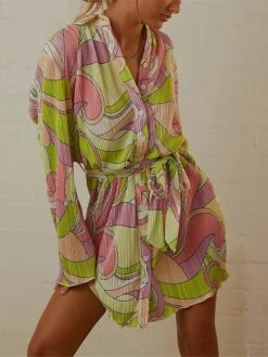 Women's Shirt Dress Casual Dress Mini Dress Outdoor Daily Vacation Polyester Fashion Modern Shirt Collar Lace Up Button Long Sleeve Spring Fall 2023 Loose Fit ArmyGreen Black Dark Pink Floral Pure -HANA Luxury Wear Shop nkjipj1693226797700