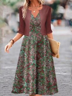 Women's Two Piece Dress Set Casual Dress Swing Dress Outdoor Daily Fashion Elegant Print Midi Dress V Neck Half Sleeve Floral Regular Fit Blue Purple Fuchsia Fall Winter S M L XL XXL -HANA Luxury Wear Shop nkmgzy1697681153859