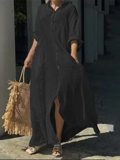 Women's Shirt Dress Casual Dress Cotton Linen Dress Maxi Long Dress Linen / Cotton Blend Basic Classic Outdoor Daily Vacation Shirt Collar Button Pocket 3/4 Length Sleeve Summer Spring Fall 2023 -HANA Luxury Wear Shop nknepe1692084273577