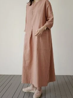 Women's Casual Dress Cotton Linen Dress Maxi Long Dress Linen / Cotton Blend Basic Classic Outdoor Daily Vacation Crew Neck Pocket Split 3/4 Length Sleeve Spring Fall Autumn 2023 Loose Fit Red Apricot -HANA Luxury Wear Shop nkvfvf1692872466791