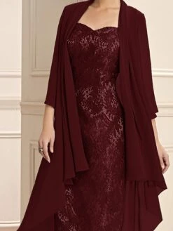 Women's Two Piece Dress Set Party Dress Lace Dress Party Outdoor Fashion Streetwear Lace Patchwork Midi Dress V Neck 3/4 Length Sleeve Plain Regular Fit Wine Fall Winter S M L XL XXL -HANA Luxury Wear Shop nkvvze1697016766941
