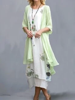 Women's Two Piece Dress Set Casual Dress Print Dress Daily Holiday Fashion Classic Fake Two Piece Print Midi Dress Crew Neck 3/4 Length Sleeve Floral Loose Fit White Pink Red Fall Winter One-Size