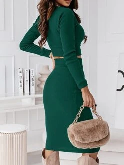 Women's Two Piece Dress Set Casual Dress Skirt Set Outdoor Daily Fashion Sexy Ribbed Midi Dress Crew Neck Long Sleeve Plain Regular Fit Black Wine Green Fall Winter S M L XL -HANA Luxury Wear Shop nlpqvt1695268230650