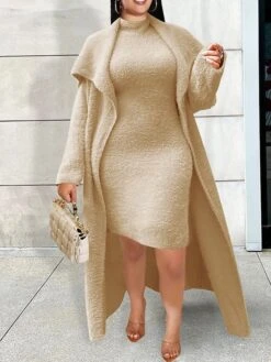 Women's Two Piece Dress Set Casual Dress Sheath Dress Daily Going Out Fashion Streetwear Lace Up Midi Dress Stand Collar Long Sleeve Plain Slim Black Yellow Wine Fall Winter S M L XL XXL -HANA Luxury Wear Shop nmstjy1693295539014