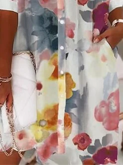 Women's Shirt Dress Casual Dress Shift Dress Mini Dress Outdoor Daily Vacation Polyester Fashion Modern Shirt Collar Button Pocket Half Sleeve Summer Spring 2023 Loose Fit Yellow Flower S M L XL XXL -HANA Luxury Wear Shop nnllvq1687851583852