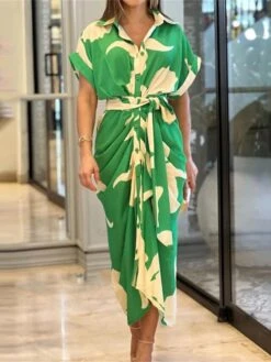 Women's Shirt Dress Casual Dress Maxi Long Dress Outdoor Daily Vacation Polyester Hot Casual Shirt Collar Lace Up Print Short Sleeve Summer Spring 2023 Regular Fit Pink Purple Green Flower S M L XL -HANA Luxury Wear Shop nnqwsz1689042986864